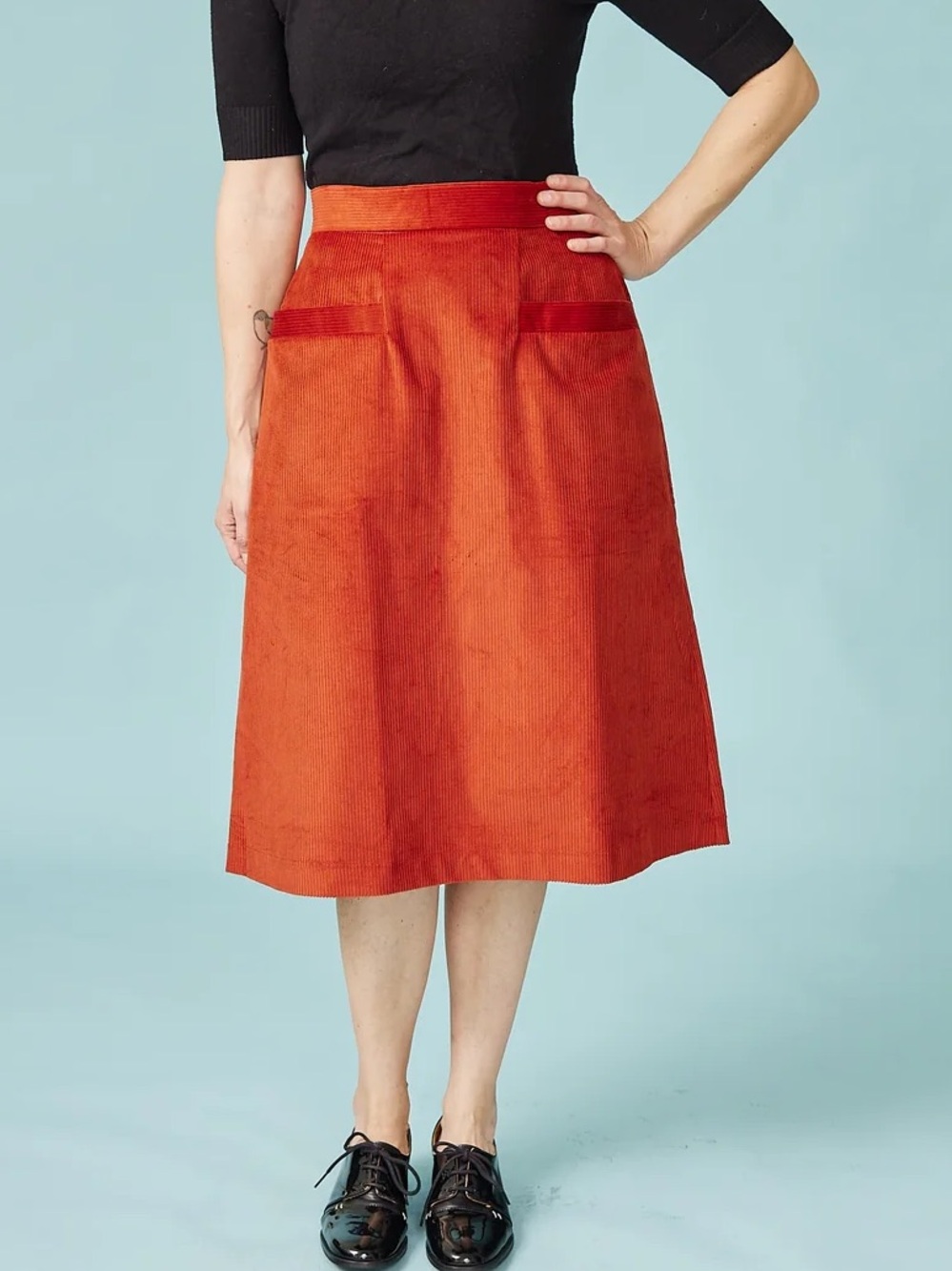Palava High-Waist Rust Burnt Orange Corduroy A-Line Skirt with Front Pockets